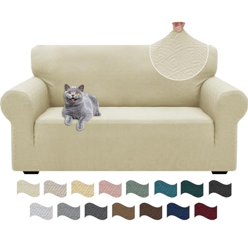 Ystyle Stretch Sofa Überzug 2 Sitzer, Sofabezug rutschfest Mit Armlehne, Elastische Couch Überzug Jacquard, Universal Sofa Cover Moderne, Sofaschoner Hund Katze Für Wohnzimmer, Helles Beige von Ystyle