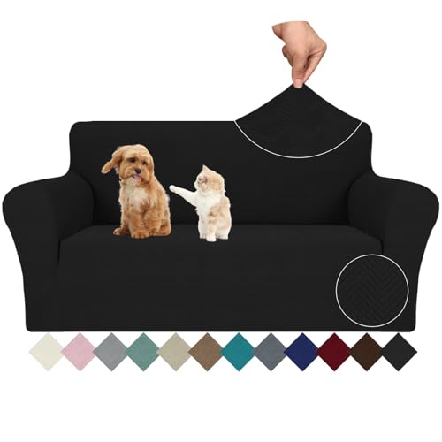 Ystyle Stretch Sofa Überzug 2 Sitzer, Sofabezug rutschfest Mit Armlehne, Elastische Couch Überzug Jacquard, Universal Sofa Cover Moderne, Sofaschoner Hund Katze Für Wohnzimmer, Schwarz von Ystyle