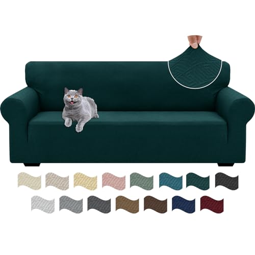 Ystyle Stretch Sofa Überzug 3 Sitzer, Sofabezug rutschfest Mit Armlehne, Elastische Couch Überzug Jacquard, Universal Sofa Cover Moderne, Sofaschoner Hund Katze Für Wohnzimmer, Dunkelgrün von Ystyle