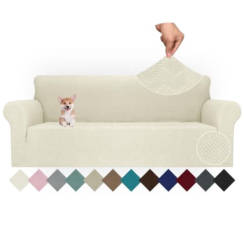 Ystyle Stretch Sofa Überzug 4 Sitzer, Sofabezug rutschfest Mit Armlehne, Elastische Couch Überzug Jacquard, Universal Sofa Cover Moderne, Sofaschoner Hund Katze Für Wohnzimmer, Beige von Ystyle