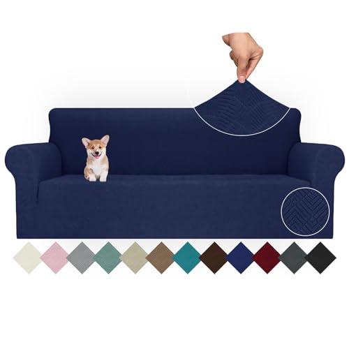 Ystyle Stretch Sofa Überzug 4 Sitzer, Sofabezug rutschfest Mit Armlehne, Elastische Couch Überzug Jacquard, Universal Sofa Cover Moderne, Sofaschoner Hund Katze Für Wohnzimmer, Dunkelblau von Ystyle