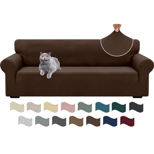 Ystyle Stretch Sofa Überzug 4 Sitzer, Sofabezug rutschfest Mit Armlehne, Elastische Couch Überzug Jacquard, Universal Sofa Cover Moderne, Sofaschoner Hund Katze Für Wohnzimmer, Kaffee von Ystyle