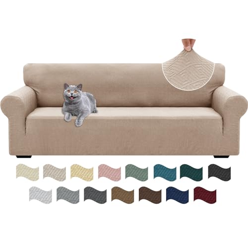 Ystyle Stretch Sofa Überzug 4 Sitzer, Sofabezug rutschfest Mit Armlehne, Elastische Couch Überzug Jacquard, Universal Sofa Cover Moderne, Sofaschoner Hund Katze Für Wohnzimmer, Khaki von Ystyle