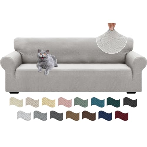 Ystyle Stretch Sofa Überzug 4 Sitzer, Sofabezug rutschfest Mit Armlehne, Elastische Couch Überzug Jacquard, Universal Sofa Cover Moderne, Sofaschoner Hund Katze Für Wohnzimmer, Silber Grau von Ystyle