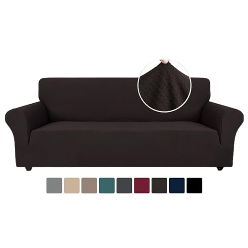 Ystyle Stretch Sofa überzug 3 Sitzer, Elastisch Sofabezug Mit Armlehnen, Jacquard Couch überzug rutschfest, Waschbar Sofa Cover Protector Für Hunde Haustiere, Kaffee von Ystyle