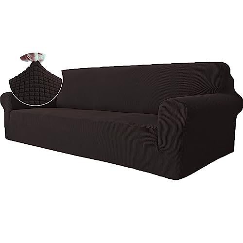 Ystyle Stretch Sofa überzug 4 Sitzer, Elastisch Sofabezug Mit Armlehnen, Jacquard Couch überzug rutschfest, Waschbar Sofa Cover Protector Für Hunde Haustiere, Kaffee von Ystyle