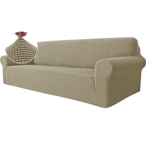 Ystyle Stretch Sofa überzug 4 Sitzer, Elastisch Sofabezug Mit Armlehnen, Jacquard Couch überzug rutschfest, Waschbar Sofa Cover Protector Für Hunde Haustiere, Khaki von Ystyle