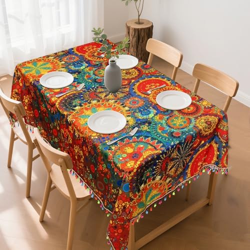 Gartentischdecke Outdoor Wetterfest,Tischdecke Boho Style Garten Tischdecken für Draußen Polyester Abwaschbar Rechteckige Tischtuch für Abendessen Küche Gartentisch Esstisch Couchtisch,140×180cm von YuChiSX