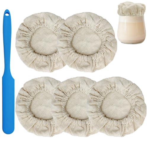 Sauerteig Starterglas Stoffabdeckungen,Sauerteig-Starterglas-Set, ungebleicht, staubdicht, wiederverwendbar,YuCool Sauerteig-Starterglas-Tuch, 5 Stück Stoffabdeckung und 1 Schaber von YuCool