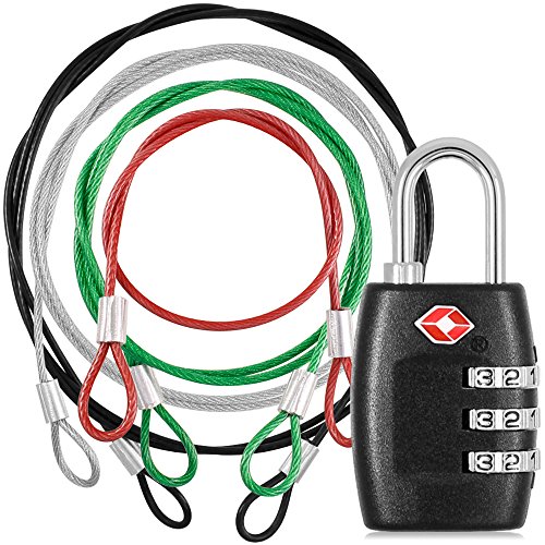 YuCool Sicherheitsgurt aus Edelstahl mit 3-stelligem Zahlenschloss, mit Kunststoffbeschichtung, buntes Umhängeband, Sicherheitskabel für Gepäcktaschen, silberfarben, schwarz, grün, rot, 4 Stück von YuCool