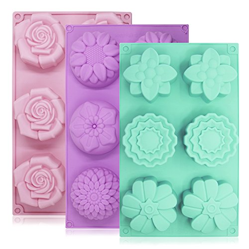 YuCool Silikon-Blumen-Kuchenformen mit 6 Mulden, für Fondant-Formen, Eiswürfelformen für selbstgemachte Kuchen, Schokolade, Cupcakes, Violett / Grün / Pink, 3 Packungen von YuCool