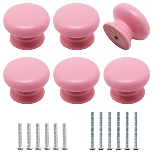 YuGtcen Schrankknäufe aus Holz, 6 Stück, rosa Schubladenknäufe, Kommodenknauf, Küchenschrankgriff, moderner runder Knauf für Möbel, Schrank, Kommode, Schublade, Schranktür (6, Rosa) von YuGtcen