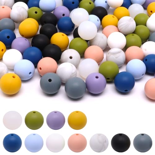 YuGtcen Silikonperlen, Silikonperlen, 15 mm, Armbandherstellungs-Set und lose runde Silikonperlen (tiefe Farbe, 110 Stück) von YuGtcen