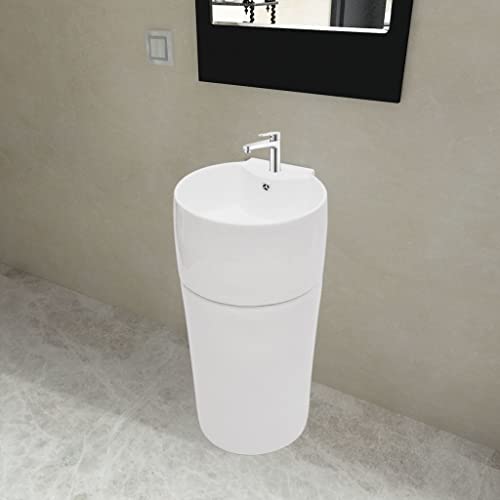 YuMeng Standwaschbecken mit Hahn/Überlaufloch, Waschbecken, Standwaschbecken, Bathroom Sink, Standwaschtisch, Waschbeckenunterschrank, Keramik weiß rund von YuMeng