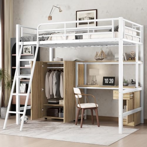 Eisenbett, Etagenbett, Geeignet für Kinder und Heranwachsende, Mit Tisch und Kleiderschrank, Reichlich Ablagefächer, Mit einer vierstufigen Schrägleiter, Eisen+Spanplatte, Weiß+Natur, 90x200cm Eisenbett, Etagenbett, Geeignet für Kinder und Heranwachsende, Mit Tisch und Kleiderschrank, Reichlich Ablagefächer, Mit einer vierstufigen Schrägleiter, Eisen+Spanplatte, Weiß+Natur, 90x200cm von YuQozii