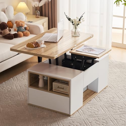 Hebbarer Multifunktions-Couchtisch - Tischplatte öffnet Sich zu 2 Tischen, Zwei Schubladen, große Kapazität, Büro-Esstisch Freizeittisch Multifunktionstisch (Weiß+Gelb-braun) von YuQozii