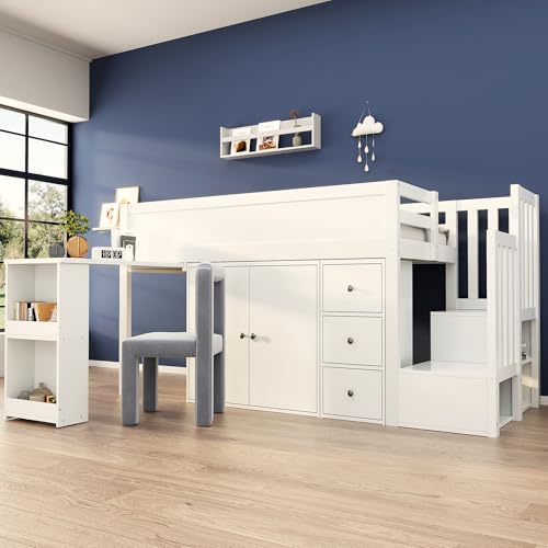 Kinderhochbett, Multifunktionales Kinderbett, Mit Ausziehbarem Schreibtisch Und Seitlichem Ablagefach, Mit Schrank, Mit Schublade, Mit Treppe Und Treppenschrank, Ohne Matratze, MDF, Weiß 90*200 Kinderhochbett, Multifunktionales Kinderbett, Mit Ausziehbarem Schreibtisch Und Seitlichem Ablagefach, Mit Schrank, Mit Schublade, Mit Treppe Und Treppenschrank, Ohne Matratze, MDF, Weiß 90*200 von YuQozii