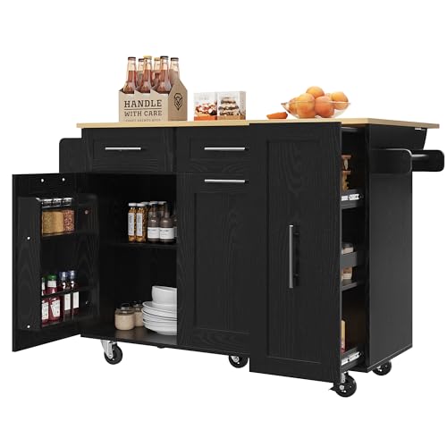 Moderne Kücheninsel, Küchenschrank, buffetschrank, Speisewagen mit Holzmaserung, Multifunktionale Esstisch mit Speicherraum, Speisewagen mit Snackregalen und Stretchfunktionsschränken (Schwarz) von YuQozii