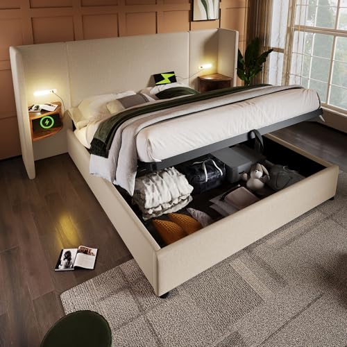 Polsterbett Doppelbett 160×200 mit Nachttisch, Leselampe und USB Type-C Ladefunktion, Bettanlage Stauraumbett Bettgestell mit Lattenrost aus Massivholz und Metall(Ohne Matratze) (Beige+Leinen) von YuQozii