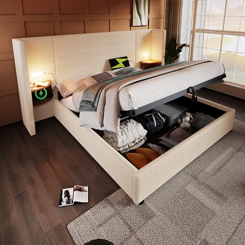 Polsterbett Doppelbett 160×200 mit Nachttisch, Leselampe und USB Type-C Ladefunktion, Bettanlage Stauraumbett Bettgestell mit Lattenrost aus Massivholz und Metall(Ohne Matratze) (Beige-Weiß+Cordstoff) von YuQozii