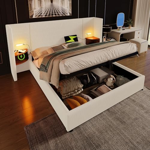 Polsterbett Doppelbett 180×200 mit Nachttisch, Leselampe und USB Type-C Ladefunktion, Bettanlage Stauraumbett Bettgestell mit Lattenrost aus Massivholz und Metall,Ohne Matratze (Beige-Weiß+Cordstoff) Polsterbett Doppelbett 180×200 mit Nachttisch, Leselampe und USB Type-C Ladefunktion, Bettanlage Stauraumbett Bettgestell mit Lattenrost aus Massivholz und Metall,Ohne Matratze (Beige-Weiß+Cordstoff) von YuQozii