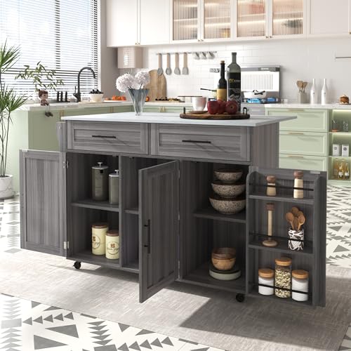 YuQozii 129 * 46(71)*91.5cm Dining Cart/Dining Sideboard, White Marble Countertop and Khaki Gray Wood Grain Cabinet/Extendable Countertop/Storage Door Design/Wheels/Solid Wood Legs Switchable von YuQozii