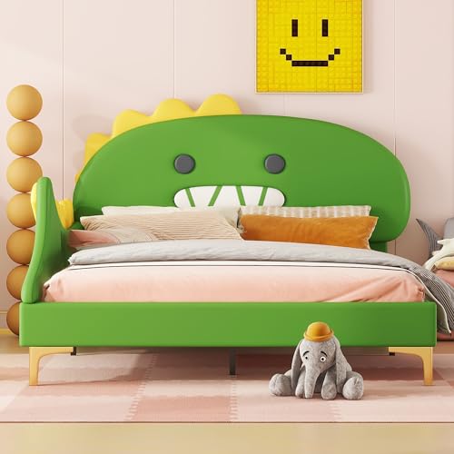 YuQozii 140 * 200cm Kinderbett, Cartoon Dinosaurier Form, Flachbett, PU Material (Grün) von YuQozii