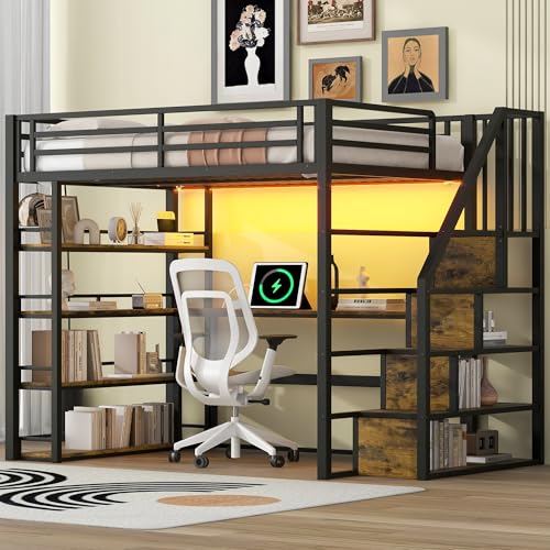 YuQozii 140x200 Metall-Hochbett mit Treppe, integriertem Schreibtisch, Staufächern, USB-Ladestation und Stimmungsbeleuchtung, Schwarz YuQozii 140x200 Metall-Hochbett mit Treppe, integriertem Schreibtisch, Staufächern, USB-Ladestation und Stimmungsbeleuchtung, Schwarz von YuQozii