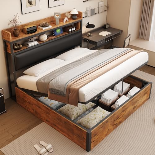 YuQozii 180 x 200 Bettrahmen mit hydraulischer Hebevorrichtung, USB, gepolstertem Kopfteil, Vintage-Design aus Holz und Metall, verstecktem Stauraum Doppelbett Moderne Schlafzimmermöbel (Schwarz) von YuQozii