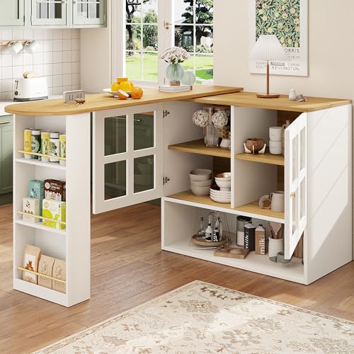 YuQozii 360° drehbare Essbar, multifunktional, geeignet für Schlafzimmer, Wohnzimmer, Esszimmer, mit Snackregal, 5 Ablageflächen, drehbarer Sideboardschrank mit Regalen und Glas (weiß) von YuQozii