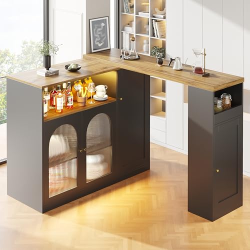 YuQozii 360° drehbarer Stehtisch (197 x 39,6 x 100 cm), mattschwarzer Schrank mit Holzmaserungsschreibtisch, Changhong-Glasschranktür und Ambientebeleuchtung, Sideboard, Weinschrank, Kaffeeecke von YuQozii