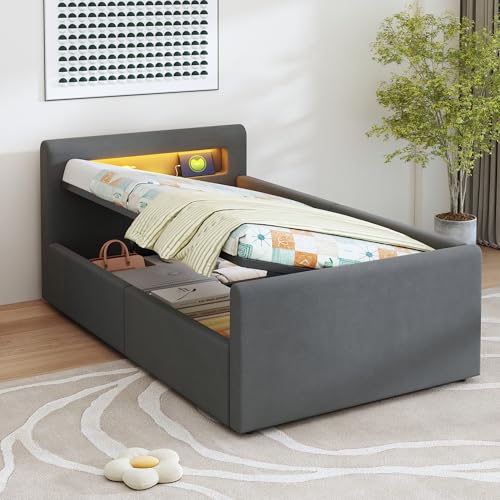 YuQozii 90 * 200 cm, gepolstertes Kinderbett mit Stimmungsbeleuchtung und USB-Ladeanschluss, mit Regal, mit hydraulischem Stauraum, einfaches Einzelbett, Samtstoff (Dunkelgrau) von YuQozii