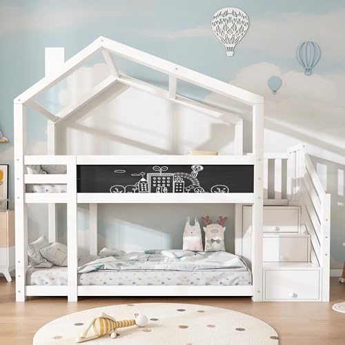YuQozii 90 x 200 cm Kinderbett Baumhaus, Etagenbett für Kinder mit Schornstein&Speicherung und Rausfallschutz, Weiß, inkl.Tafel– 2X Lattenrost (Ohne Matratze) von YuQozii