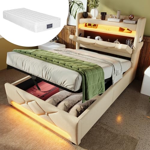 YuQozii 90 x 200 gepolstertes Einzelbett, USB- und Typ-C-Anschlüsse, 360-Grad-Rundum-LED-Leuchten am Kopf- und Fußende des Bettes, Stauraumbett, Leinen(Mit Matratze) (Beige) von YuQozii