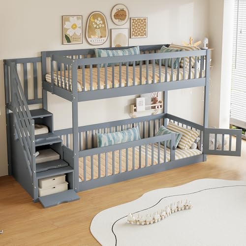 YuQozii 90x200 Etagenbett Kinderbett mit Sicherheitstreppe und Schubladen, Holzeinzelbett mit Stauraumbett für Kinder, Jugendliche (Grau) von YuQozii