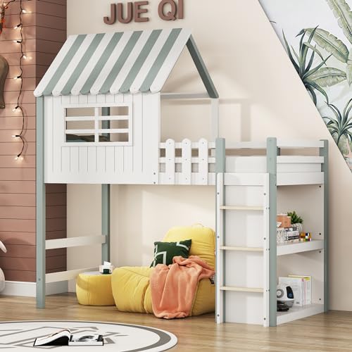 YuQozii 90x200 cm,Kinderbett,hoch und niedrig Bett für Jungen und Mädchen Heimbett Dachform mit Sicherheitsleiter mit Ablagefach Multifunktionsbett Massivholzbett mit Lattenrost (Grün) von YuQozii