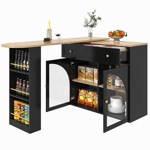 YuQozii Ausziehbarer Bartisch mit Stauraum(138-204×39×104cm), 360° drehbare Essbar,Moderner Beweglicher Bar Table,Hochtisch Kücheninsel Bistro Table, Sideboardschrank mit Regalen und Glas (Schwarz) von YuQozii