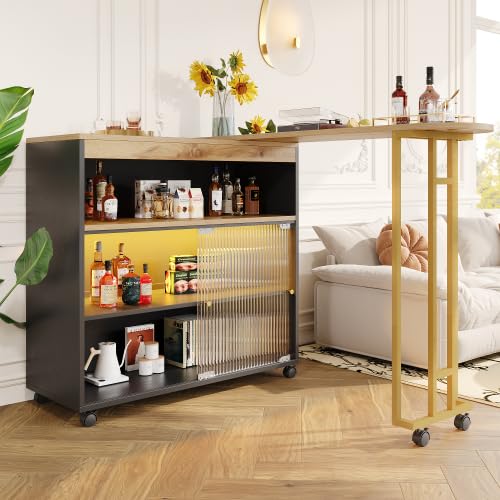 YuQozii Ausziehbarer Bartisch mit Stauraum, moderner beweglicher Stehtisch mit stimmungsvoller Beleuchtung, Bistrotisch, Stehtisch, Kücheninsel, Bistrotisch, (138-204×39×105 cm) (Schwarz) von YuQozii
