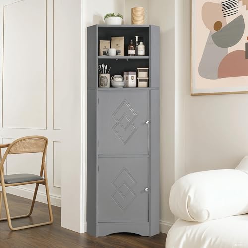 YuQozii Badschrank, Badmöbel, Eckschrank mit Zwei Ablagefächern, offenes Fach mit verstellbarem Einlegeboden,36.5 x 36.5 x 155 cm (Hellgrau) von YuQozii
