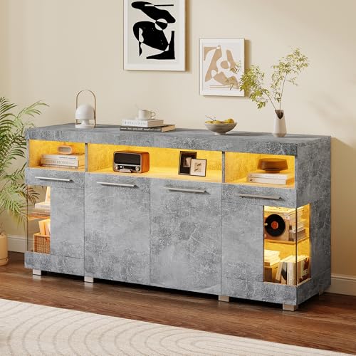 YuQozii Beistelltisch 140 * 40 * 70cm Wohnzimmer-Seitenschrank mit Atmosphärenlicht breiter Seitenschrank aus gehärtetem Glas 3 Fächer (Zementasche) von YuQozii