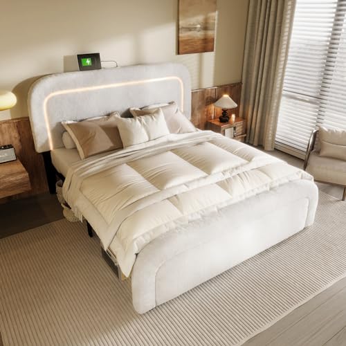 YuQozii Bettgestell, Doppelbett Polsterbett, Höhenverstellbarem Kopfteil, Lattenrost aus Holz, Sherp-Weiß (Ohne Matratze) (140x200cm) von YuQozii