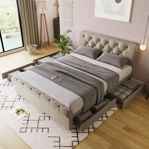YuQozii Bettgestell mit 4 Schubladen, Doppelbett Polsterbett, Höhenverstellbarem Kopfteil, Chesterfield Funktionsbett, Natürlich,ohne Matratze (140 * 200cm) von YuQozii