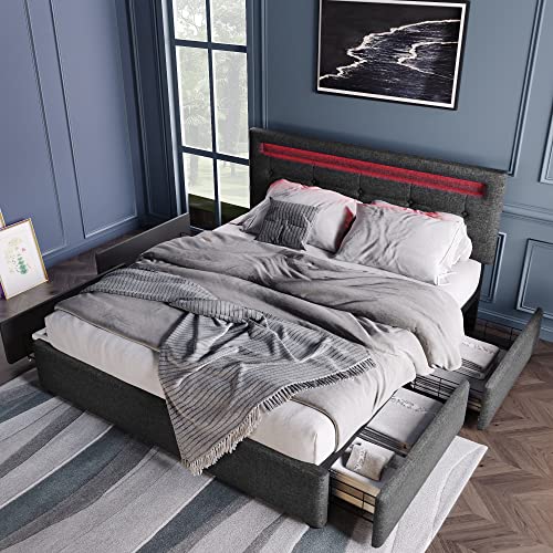 YuQozii Bettgestell mit 4 Schubladen, Doppelbett Polsterbett 140x200cm, Höhenverstellbarem Kopfteil, Lattenrost aus Holz,(Ohne Matratze) (Grau) von YuQozii