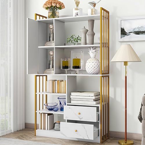 YuQozii Bücherregal, 6 Regale, vertikale Regale mit Türen und Schubladen, Industrieregale, Stahlregale, weiß marmoriert mit Goldrahmen YuQozii Bücherregal, 6 Regale, vertikale Regale mit Türen und Schubladen, Industrieregale, Stahlregale, weiß marmoriert mit Goldrahmen von YuQozii