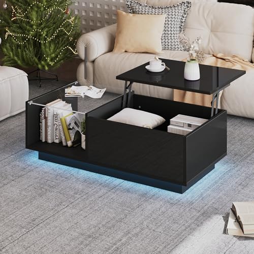 YuQozii Couchtisch, Hochglanz Couchtisch, Wohnzimmertisch, höhenverstellbar mit verstecktem Stauraum und Ablagen, 50 x 100 x (33 – 46,5) cm (Schwarz) von YuQozii