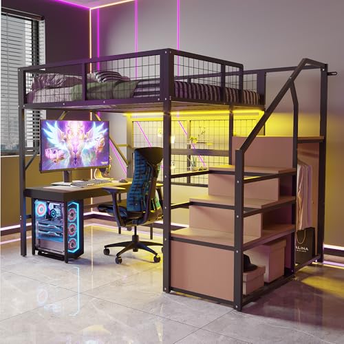 YuQozii Eisenbett, Etagenbett, 140x200, Hochbett mit APP-gesteuerter Stimmungslichtleiste, Treppe mit Stauraum und offenem Kleiderschrank (Schwarz) von YuQozii