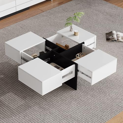 YuQozii Eleganter Hochglanz-Couchtisch 70 * 70 * 35 cm, schwarz-weißes Design, eingebautes Staufach und 4 robuste Schubladen, maximale Belastbarkeit 30 kg, quadratischer Hochglanz-Couchtisch (Weiß) von YuQozii