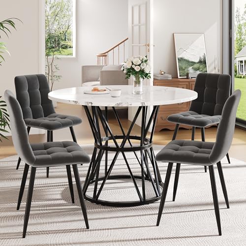 YuQozii Esstisch-Set (5-teilig), Esstisch-Set mit 4 Stühlen, Runder Küchentisch mit Durchmesser 100 cm, Schwarze Metallbeine, MDF-Marmor-Tischplatte, Graue Samt-Esszimmerstühle von YuQozii