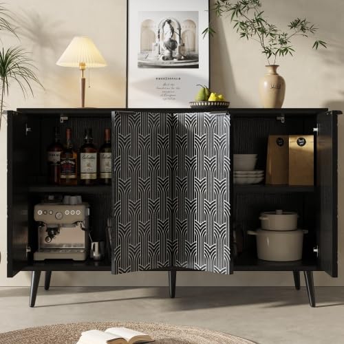 YuQozii Esszimmerschrank (120×35×78cm), Esszimmer- und Wohnzimmer-Aufbewahrungsschrank, einzigartiges Schranktürdesign, freistehender Schrank, Antidumping, Fischgrätenmuster, Geschnitzte Tür, schwarz von YuQozii