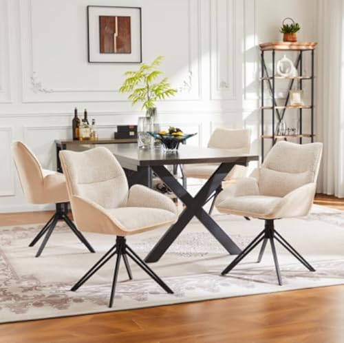 YuQozii Esszimmerstühle, 360° drehbar, Wohnzimmersessel, Sherpa, Weicher Sitz, Breites Kissen, Eisengestell (4, Beige) von YuQozii